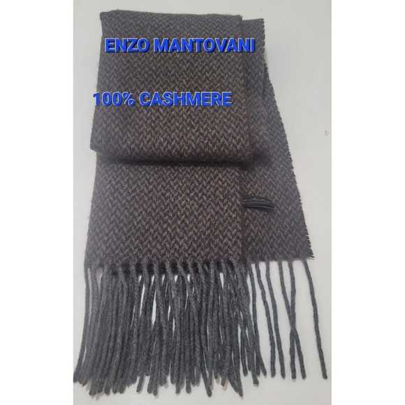 Enzo Mantovani 100%Cashmere GreyBrown Woven Pattern Fringe Hem Scarf Sz. 68"×12" - Picture 1 of 9